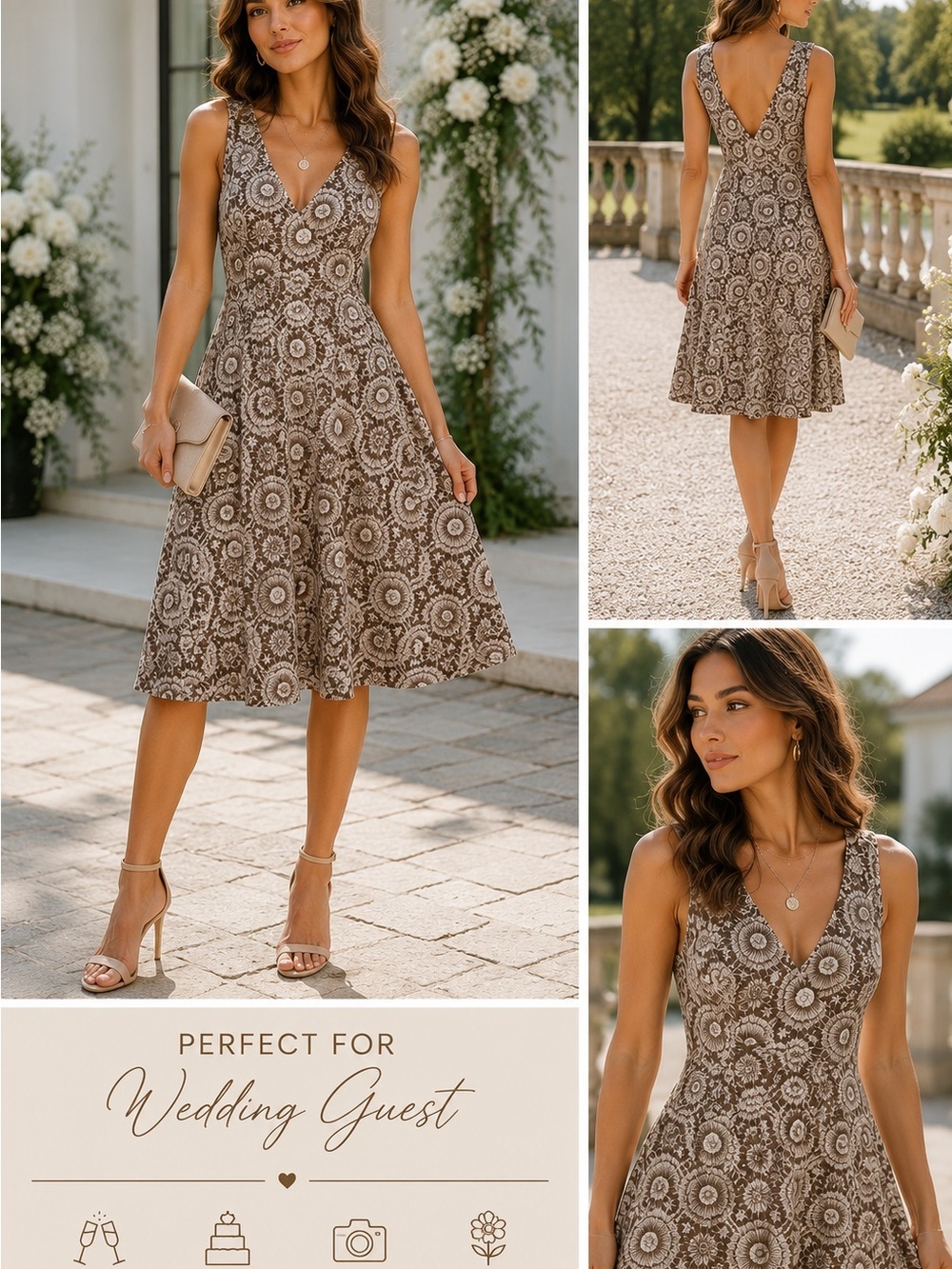 Boho Crochet Lace Print Sleeveless Dress | Neutral Cottagecore Summer Mini Dress